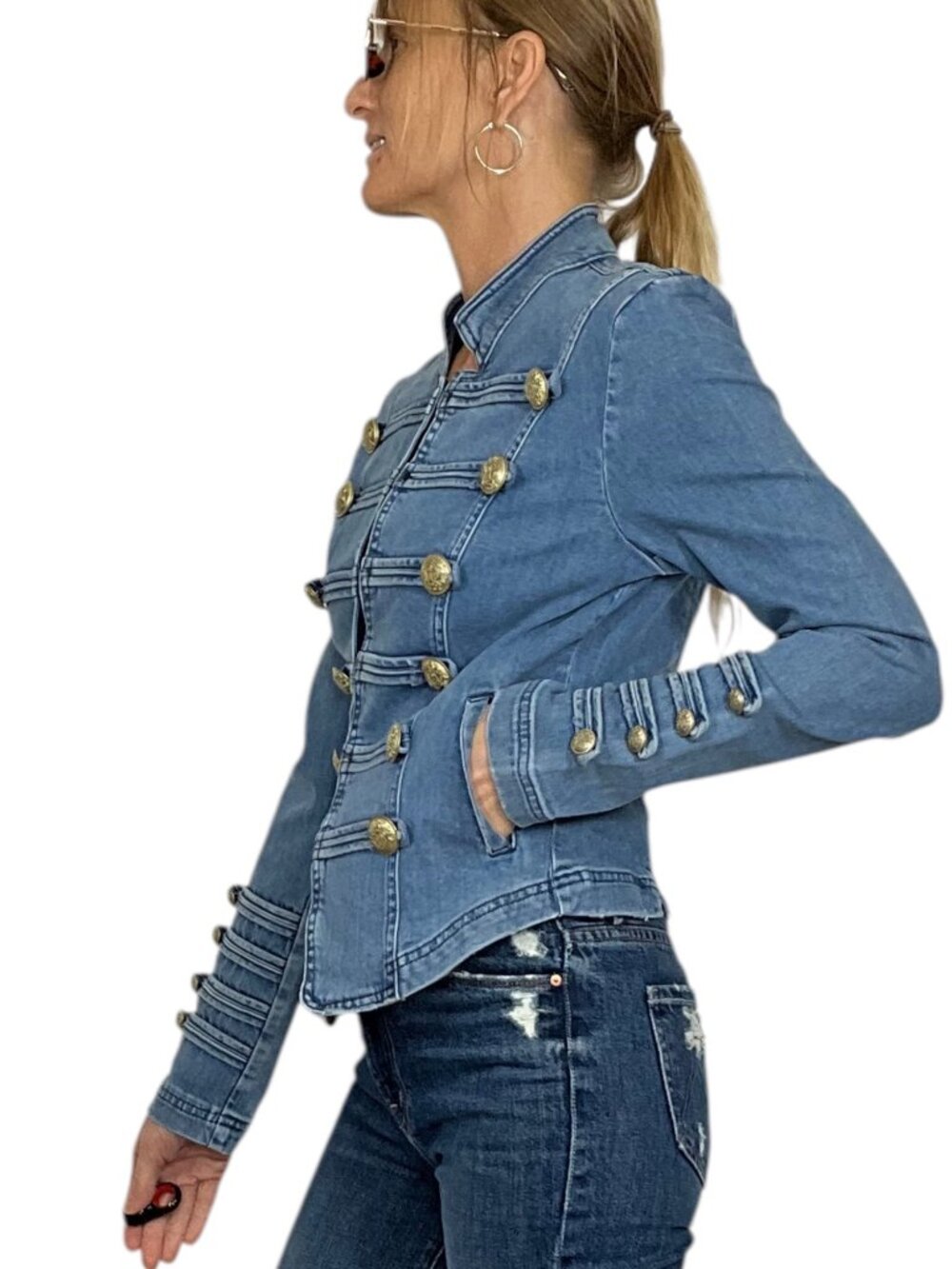 Free People Fitted Military Denim Jacket S Blue Cropped - Picture 4 of 16